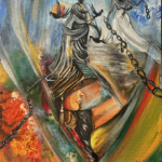 A vibrant acrylic painting on canvas featuring three female figures and symbolic motifs of chains and birds. In the center, a woman’s profile is framed by a diamond shape, while above, two figures in flowing garments reach toward black birds. A heavy metal chain draped across the composition is broken, set against a background of swirling oranges, greens, and blues