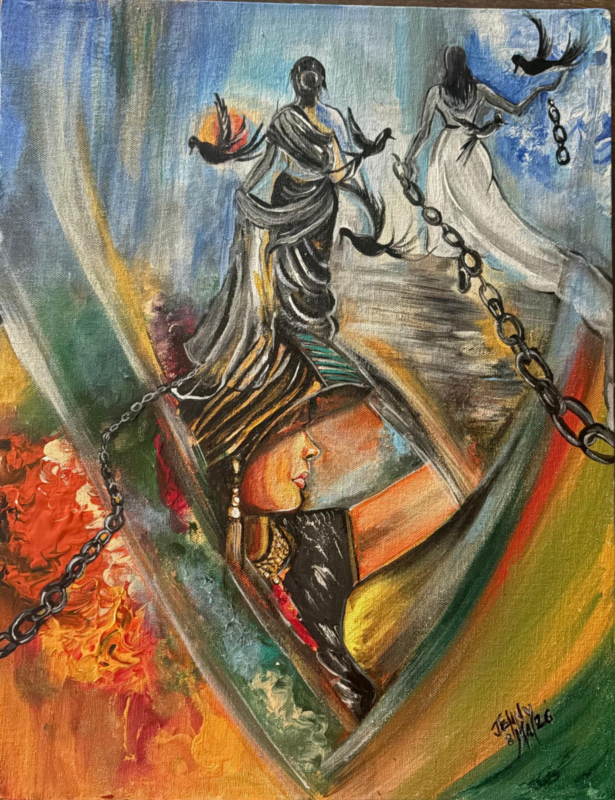 A vibrant acrylic painting on canvas featuring three female figures and symbolic motifs of chains and birds. In the center, a woman’s profile is framed by a diamond shape, while above, two figures in flowing garments reach toward black birds. A heavy metal chain draped across the composition is broken, set against a background of swirling oranges, greens, and blues