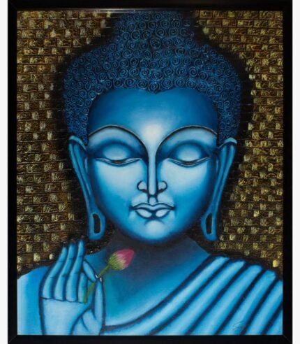 22x26 inch framed acrylic painting of a blue Buddha holding a lotus bud against a textured brick-like background by Simran Asrani