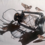 Original acrylic painting titled Yesterday's Shadow by Mr. Shrinivasa, featuring a rustic vintage lantern surrounded by four sparrows with dramatic shadows on a 24x36 inch canvas.