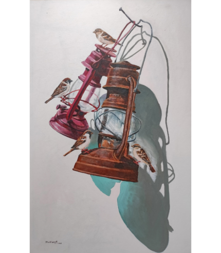 Original acrylic painting "Yesterday's Shadow Series 1" by Mr. Shrinivasa, depicting a single sparrow perched on a rustic vintage lantern with a dramatic diagonal shadow on a 24x36 canvas.