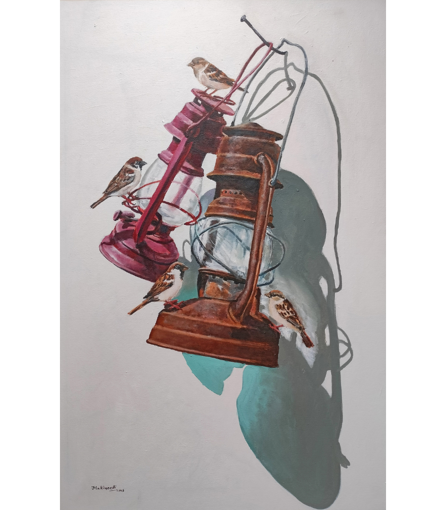 Yesterday’s Shadow Series 2| Original Art by Mr. Shrinivasa Original acrylic painting "Yesterday's Shadow Series 1" by Mr. Shrinivasa, depicting a single sparrow perched on a rustic vintage lantern with a dramatic diagonal shadow on a 24x36 canvas.