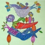 A striking mixed media painting titled 'Cut me not' by Navneet Rathod, featuring stylized figures and nature elements in vibrant colors on a soft green background.