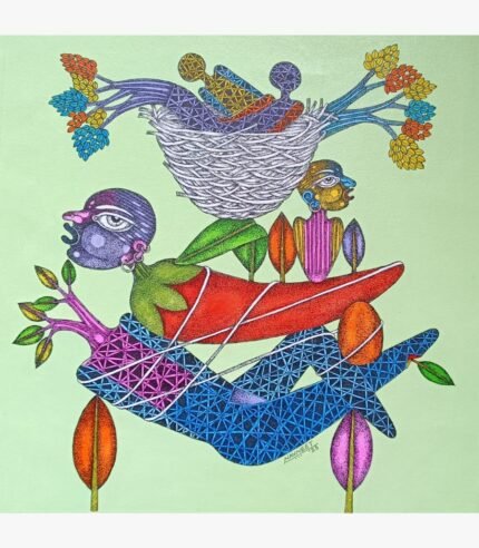 A striking mixed media painting titled 'Cut me not' by Navneet Rathod, featuring stylized figures and nature elements in vibrant colors on a soft green background.