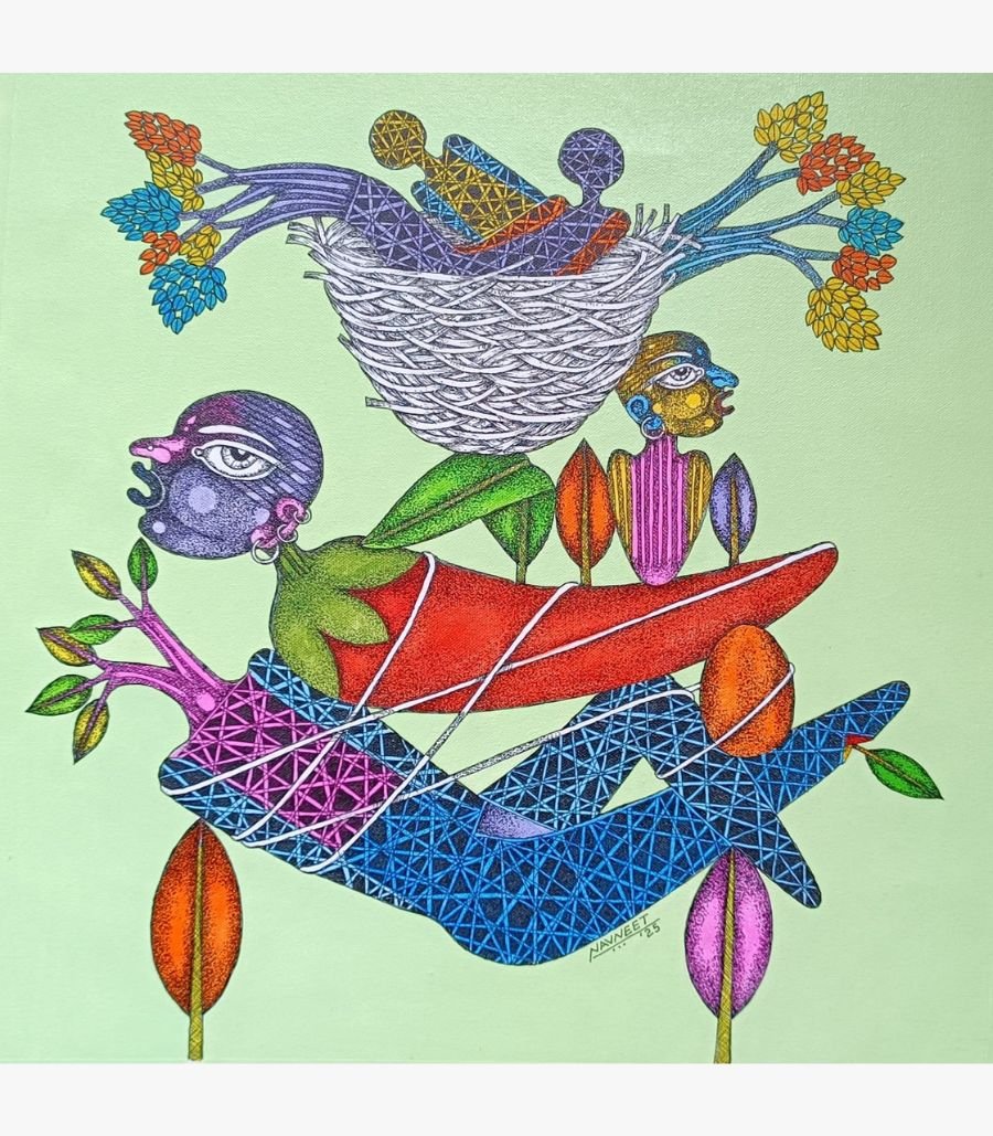 Cut me not by Navneet Rathod A striking mixed media painting titled 'Cut me not' by Navneet Rathod, featuring stylized figures and nature elements in vibrant colors on a soft green background.