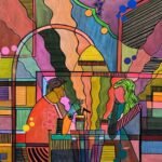 A vibrant geometric abstract painting by Mansi Virani titled Urban Dialogue, featuring two figures in a colorful café setting with intricate patterns.