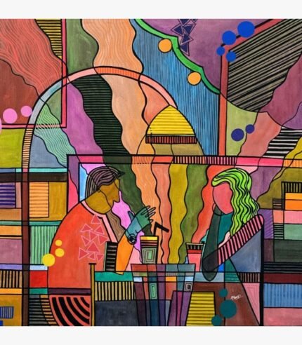 A vibrant geometric abstract painting by Mansi Virani titled Urban Dialogue, featuring two figures in a colorful café setting with intricate patterns.