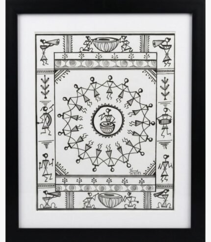 A hand-drawn Warli tribal art piece by Kena Anshuman featuring a central Tarpa dance circle and musicians in black marker.