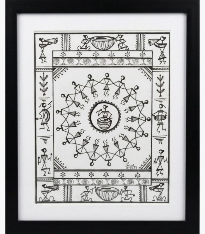 A hand-drawn Warli tribal art piece by Kena Anshuman featuring a central Tarpa dance circle and musicians in black marker.