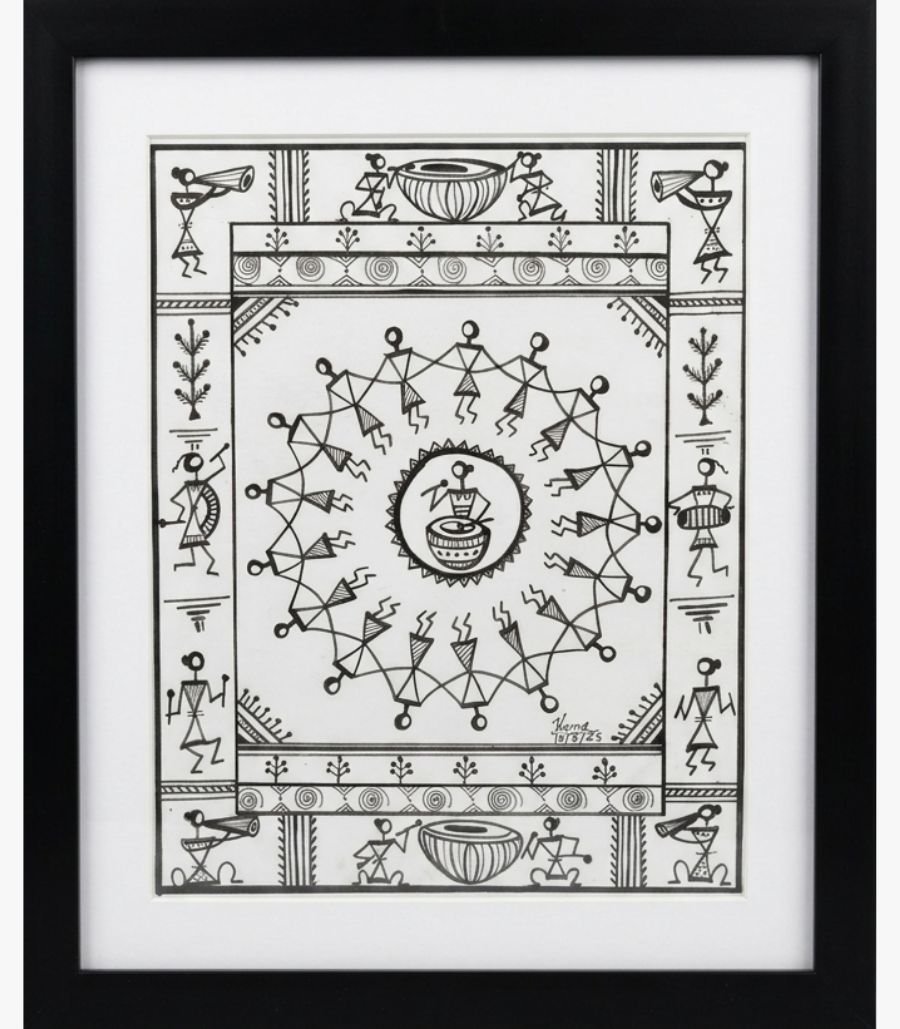 Tribal Rhythm Warli Art - Kena Anshuman A hand-drawn Warli tribal art piece by Kena Anshuman featuring a central Tarpa dance circle and musicians in black marker.