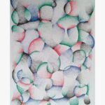 An intricate abstract color pencil drawing by Zarna Rajput featuring interlocking circular forms and meticulous stippling in red, blue, green, and black.