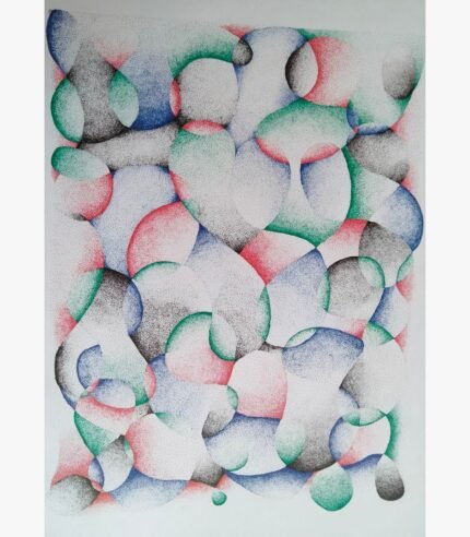 An intricate abstract color pencil drawing by Zarna Rajput featuring interlocking circular forms and meticulous stippling in red, blue, green, and black.