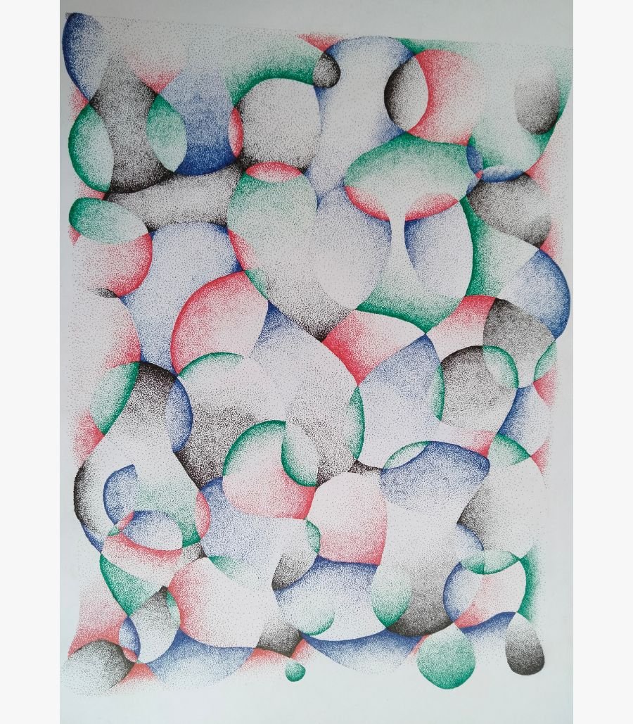 Zarna Rajput - Abstract Color Pencil Illustration An intricate abstract color pencil drawing by Zarna Rajput featuring interlocking circular forms and meticulous stippling in red, blue, green, and black.