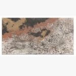 An abstract mixed media artwork titled 'Rubicund-1' by Bhavdip Jidiya, featuring textured, earthy tones of rust, gold, and charcoal.