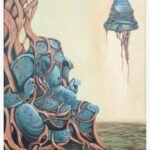 An original oil painting titled 'The Eternal Resonance' by Sunil Sarvaiya, depicting Lord Ganesha intertwined with tree roots near a hanging bell.