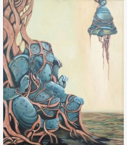 An original oil painting titled 'The Eternal Resonance' by Sunil Sarvaiya, depicting Lord Ganesha intertwined with tree roots near a hanging bell.