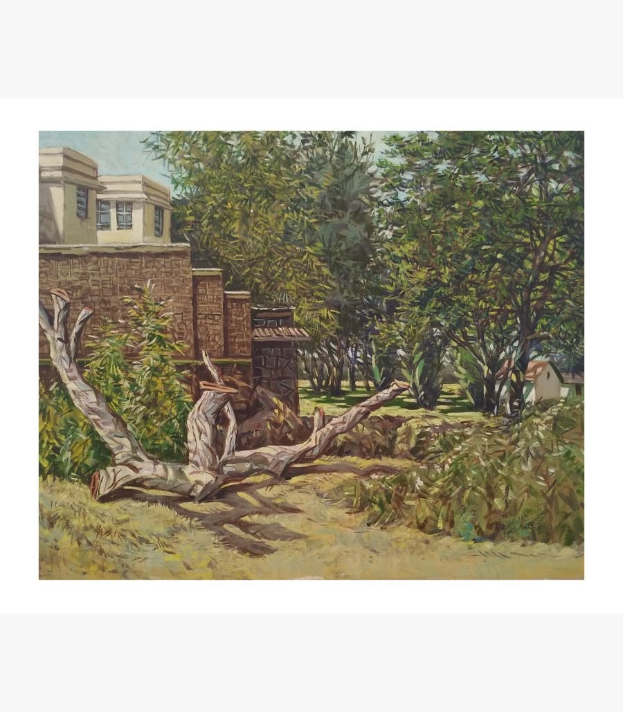 The Quiet Transition by Suresh Raval An original oil on canvas painting by Suresh Raval titled 'The Quiet Transition', depicting a fallen tree in a serene, natural landscape.