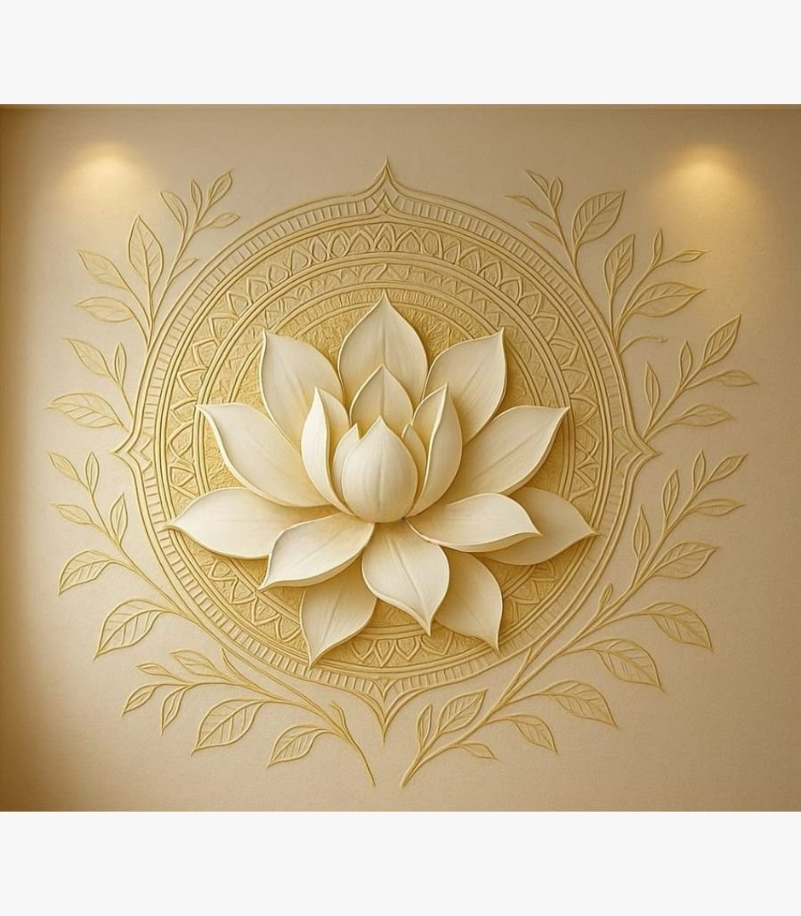 Celestial Lotus Mandala An original relief wall sculpture titled 'Celestial Lotus Mandala' featuring a deeply detailed, blooming lotus flower centered within an ornate mandala.