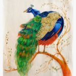 An original fabric painting titled 'Gilded Perch' by Forena Shah, featuring a vibrant peacock with elaborate plumage resting on a golden tree branch.