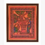 A vibrant Madhubani-inspired painting by Kena Anshuman featuring a central Tree of Life surrounded by a deer, a peacock, and birds with an ornate fish border.