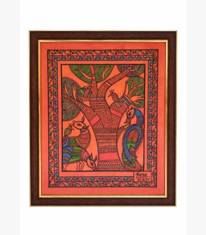 A vibrant Madhubani-inspired painting by Kena Anshuman featuring a central Tree of Life surrounded by a deer, a peacock, and birds with an ornate fish border.