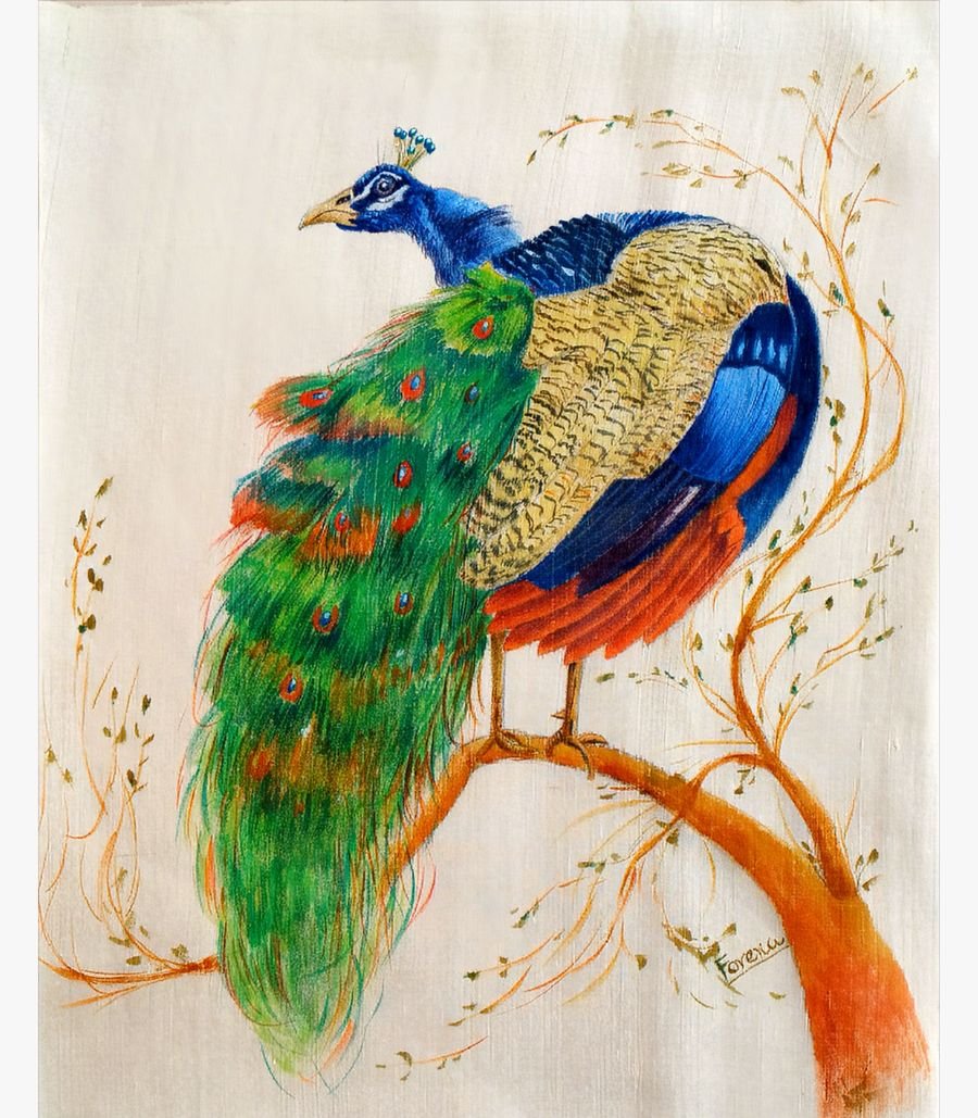 Gilded Perch by Forena Shah An original fabric painting titled 'Gilded Perch' by Forena Shah, featuring a vibrant peacock with elaborate plumage resting on a golden tree branch.