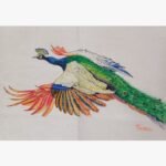 An original fabric painting titled 'Tropical Harmony' by Forena Shah, featuring two vibrant, colorful parrots perched on a flowering branch.