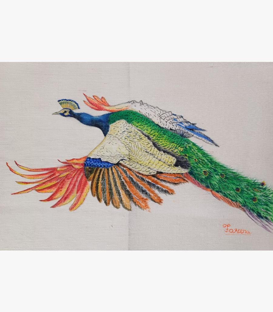 Tropical Harmony by Forena Shah An original fabric painting titled 'Tropical Harmony' by Forena Shah, featuring two vibrant, colorful parrots perched on a flowering branch.