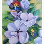 An exquisite mixed media painting by Kailash Jain featuring Lord Krishna and Radha amidst large, ethereal purple flowers and peacock feathers.