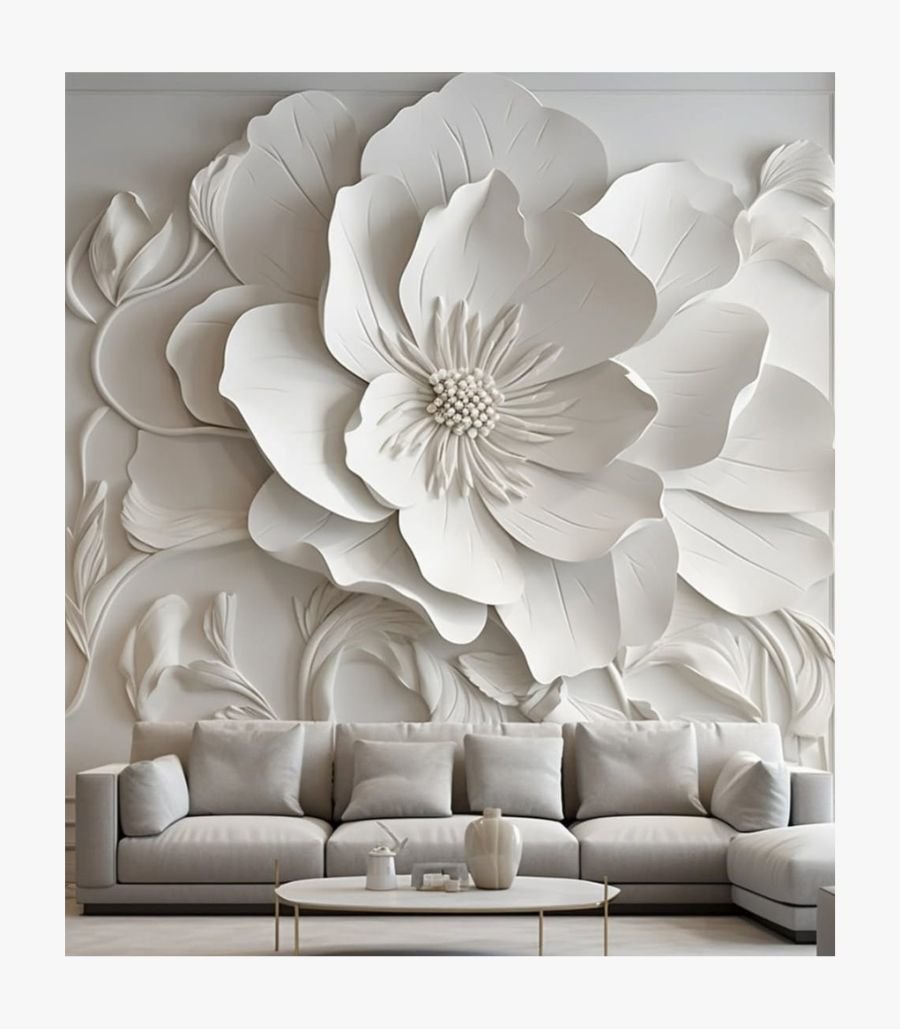 featuring a high-relief white floral design above a modern sofa. A large, 48x60-inch hand-carved plaster wall sculpture titled Ethereal Bloom A large, 48x60-inch hand-carved plaster wall sculpture titled Ethereal Bloom featuring a high-relief white floral design above a modern sofa.