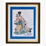 A serene East Asian-inspired watercolor painting by Kena Anshuman featuring a woman in a kimono with a crane and lotus flowers.