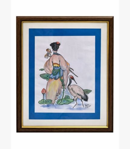 A serene East Asian-inspired watercolor painting by Kena Anshuman featuring a woman in a kimono with a crane and lotus flowers.