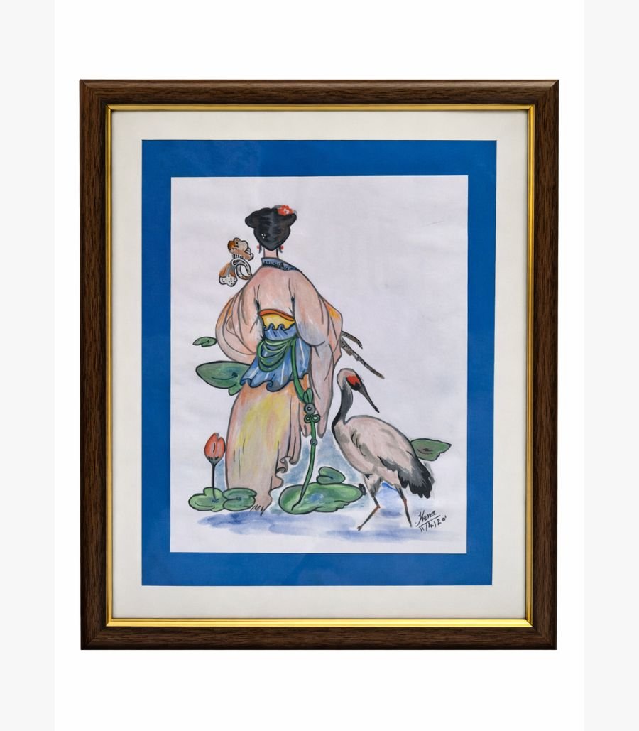 Kena Anshuman - Oriental Grace and Crane A serene East Asian-inspired watercolor painting by Kena Anshuman featuring a woman in a kimono with a crane and lotus flowers.