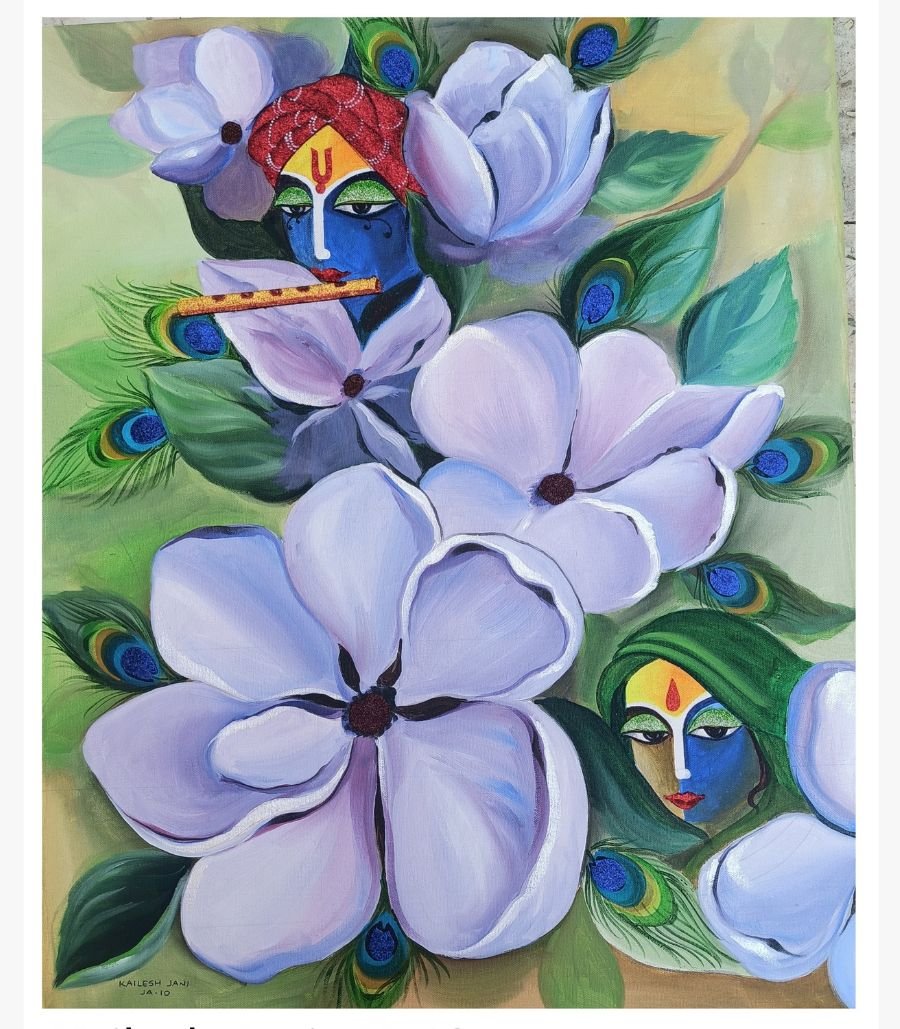 Radha Krishna Divine Bloom by Kailash Jain An exquisite mixed media painting by Kailash Jain featuring Lord Krishna and Radha amidst large, ethereal purple flowers and peacock feathers.