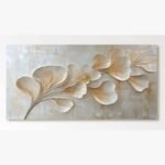A 30x60-inch panoramic impasto oil painting on canvas titled Golden Ginkgo Serenade featuring textured gold leaf ginkgo leaves on a neutral cream background.
