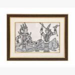 A grayscale Madhubani-inspired painting by Kena Anshuman featuring two seated tribal musicians playing flutes and drums.