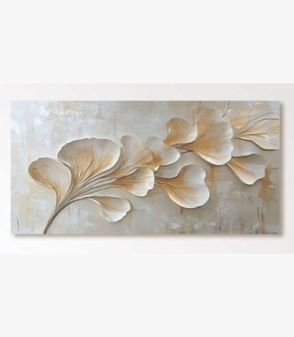 A 30x60-inch panoramic impasto oil painting on canvas titled Golden Ginkgo Serenade featuring textured gold leaf ginkgo leaves on a neutral cream background.