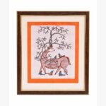 A intricate Gond-inspired painting by Kena Anshuman featuring a stylized deer with branch-like antlers and vibrant birds.