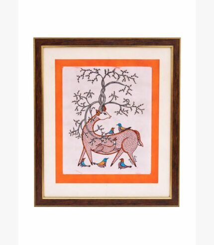 A intricate Gond-inspired painting by Kena Anshuman featuring a stylized deer with branch-like antlers and vibrant birds.