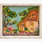 A textured mixed media impasto painting by Kena Anshuman featuring a charming cottage with a terracotta roof, vibrant flower gardens, and lush trees.