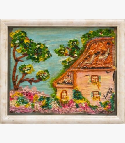 A textured mixed media impasto painting by Kena Anshuman featuring a charming cottage with a terracotta roof, vibrant flower gardens, and lush trees.