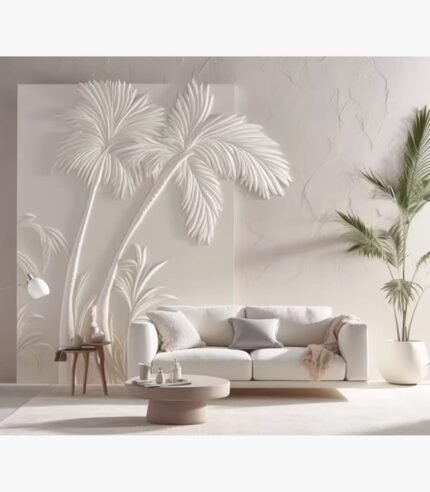 A large 48x72-inch hand-carved white plaster wall relief titled Coastal Palms Relief featuring elegant palm tree silhouettes above a modern white sofa.