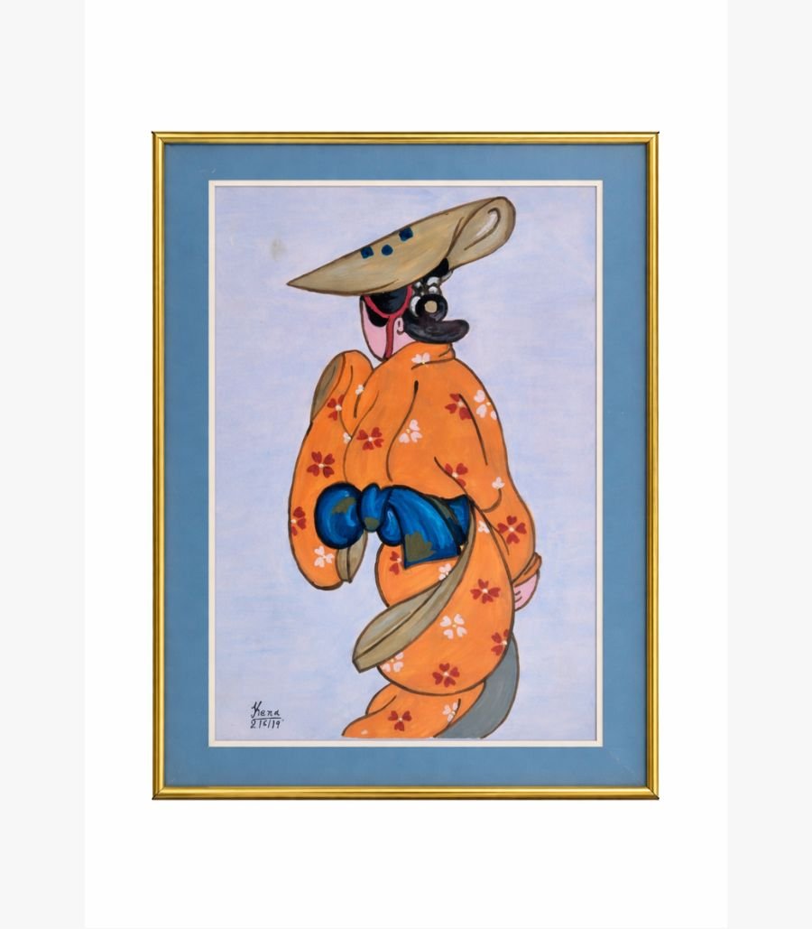 Kena Anshuman - Symphony of Sisters Folk Art A vibrant watercolor and marker painting by Kena Anshuman featuring five women in traditional veils playing a flute and drums.