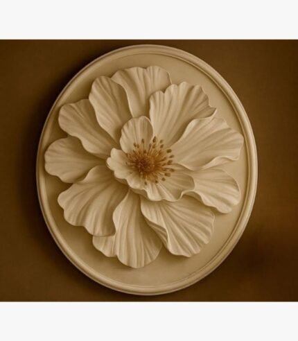 A 36-inch diameter circular hand-cast plaster wall sculpture titled Celestial Bloom Medallion featuring a high-relief flower design in an elegant off-white finish.