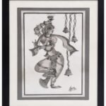 A sophisticated black and white grayscale painting by Kena Anshuman featuring a traditional Indian dancer with temple bells.
