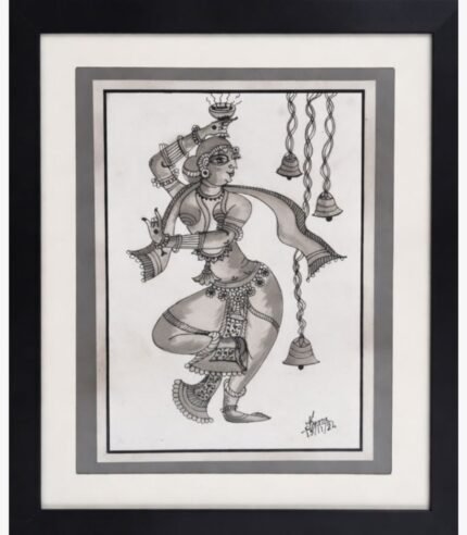A sophisticated black and white grayscale painting by Kena Anshuman featuring a traditional Indian dancer with temple bells.