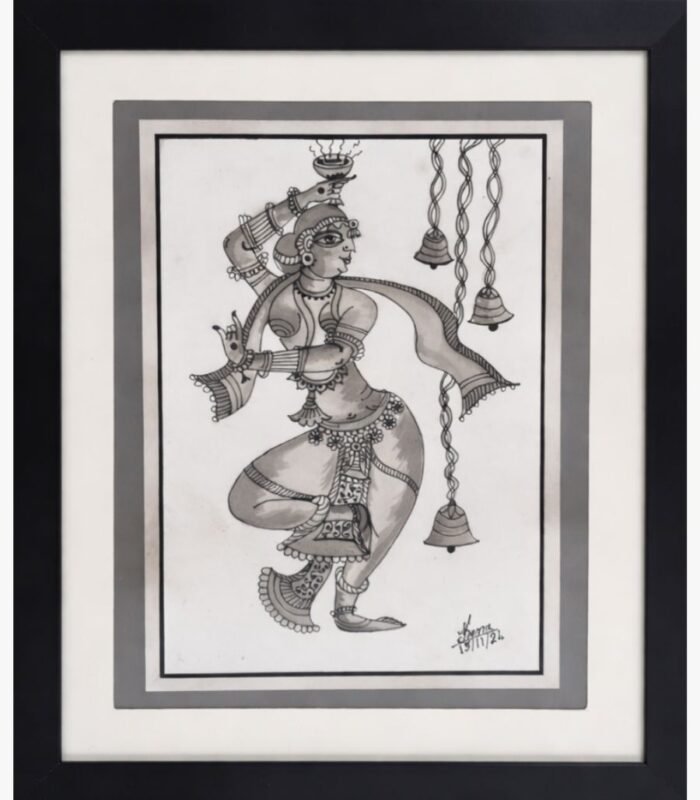 A sophisticated black and white grayscale painting by Kena Anshuman featuring a traditional Indian dancer with temple bells.