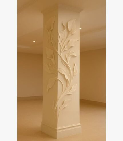 A custom-fitted, 8-foot tall architectural plaster sculpture of calla lilies wrapping around a structural column