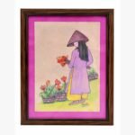A serene watercolor and marker painting by Kena Anshuman featuring a woman in a purple tunic and conical hat tending to orange flowers.