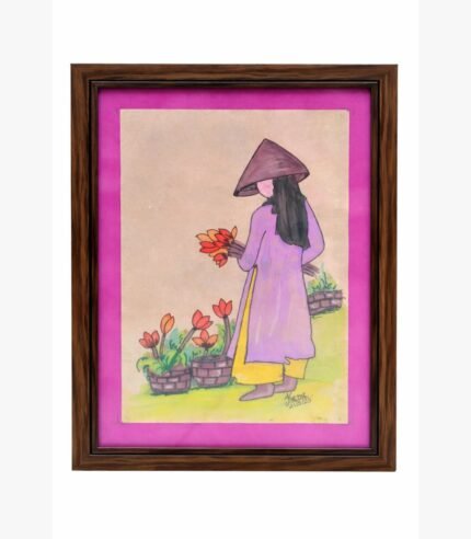 A serene watercolor and marker painting by Kena Anshuman featuring a woman in a purple tunic and conical hat tending to orange flowers.